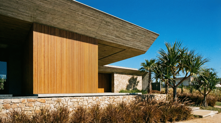 Fachada de casa em Rio Preto com madeira, concreto e pedra resistentes ao sol.