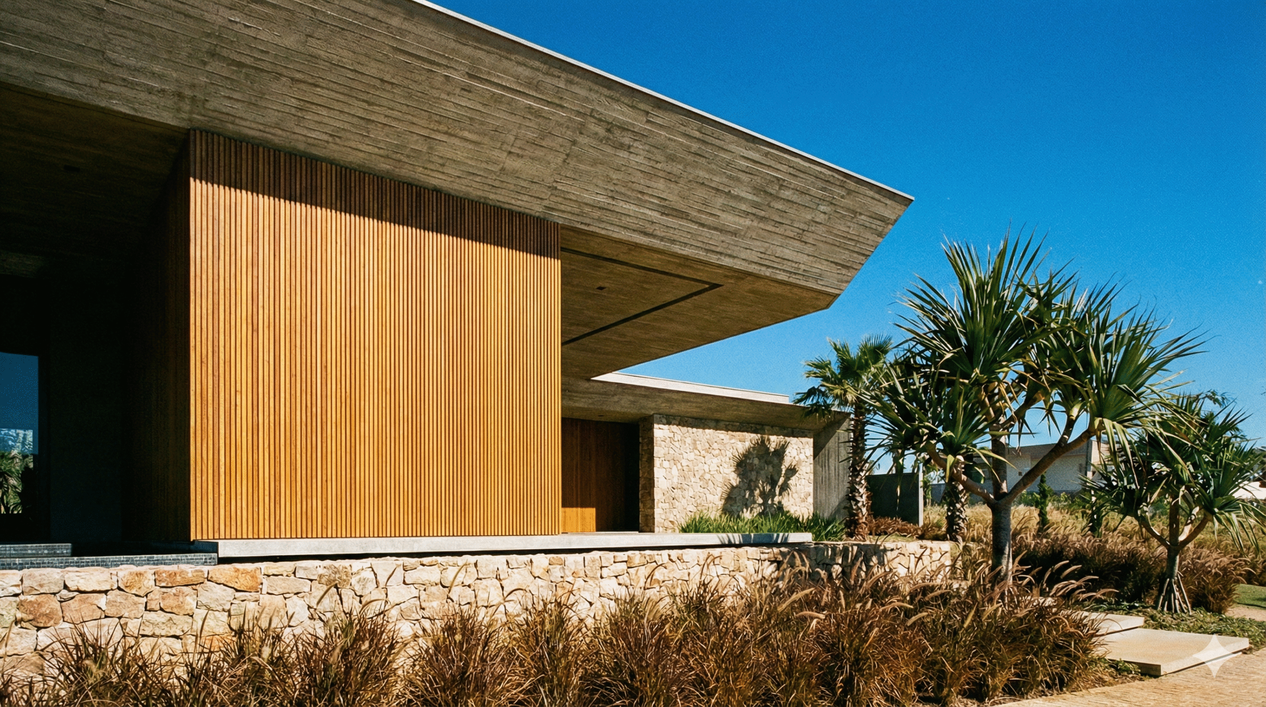 Fachada de casa em Rio Preto com madeira, concreto e pedra resistentes ao sol.
