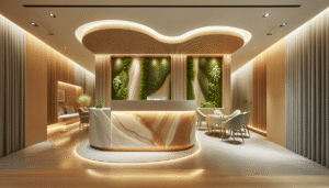 Recepção de clínica médica de luxo com design biofílico e iluminação humanizada.