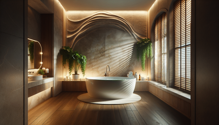 Banheiro de luxo estilo spa com banheira de imersão e revestimento de madeira.