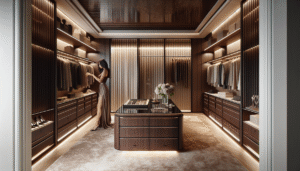 Closet de luxo com ilha central e marcenaria planejada escura.