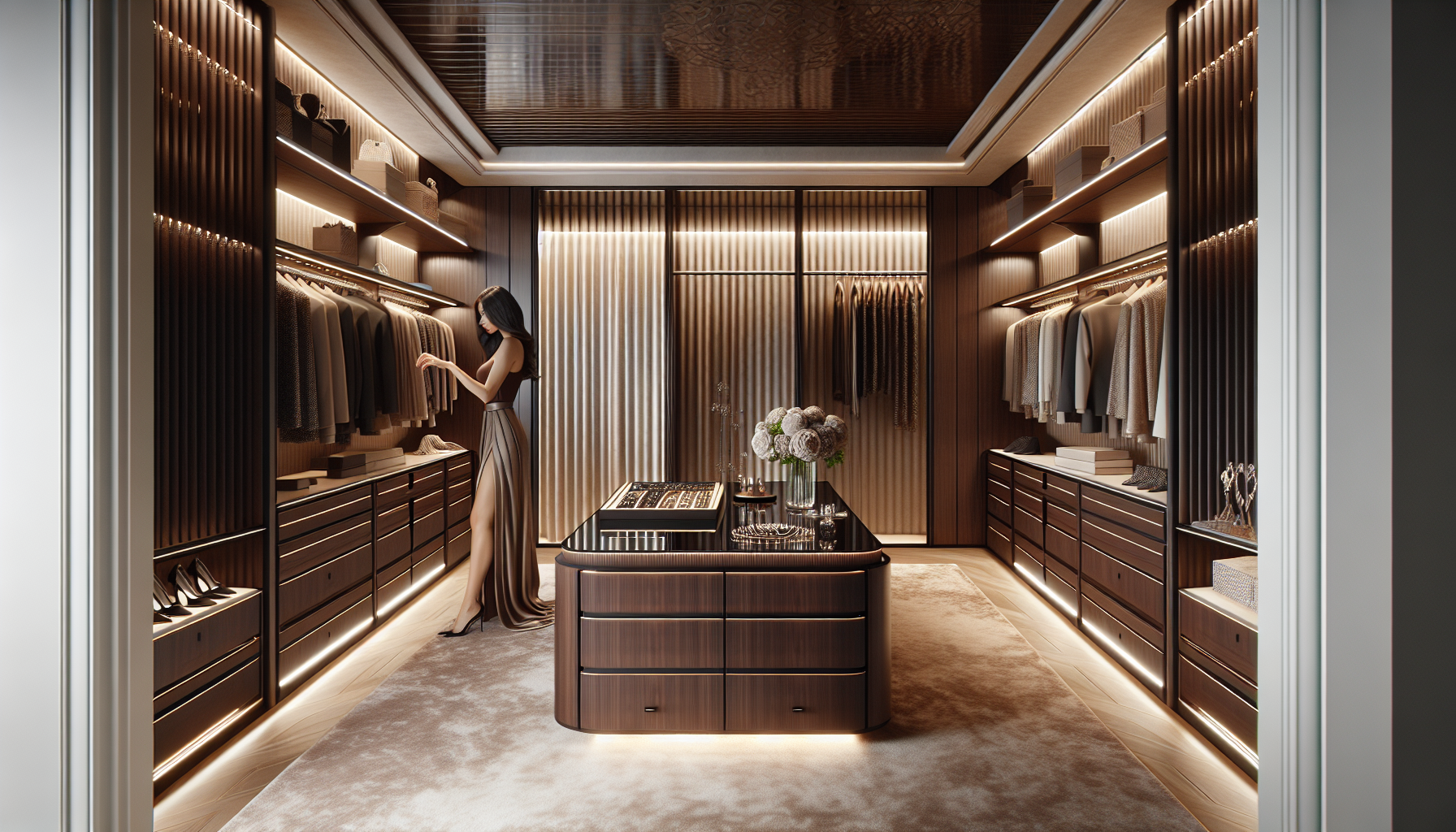 Closet de luxo com ilha central e marcenaria planejada escura.