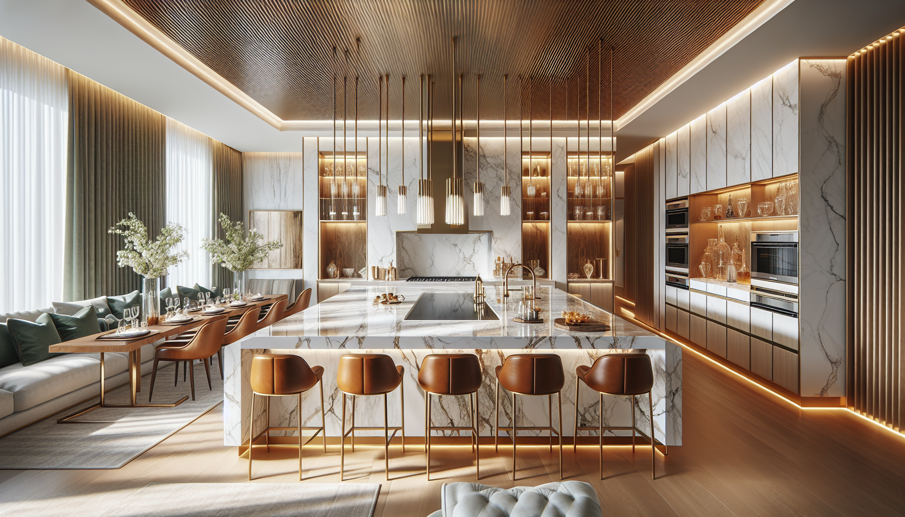 Cozinha planejada de luxo com ilha em Dekton e marcenaria em madeira natural.