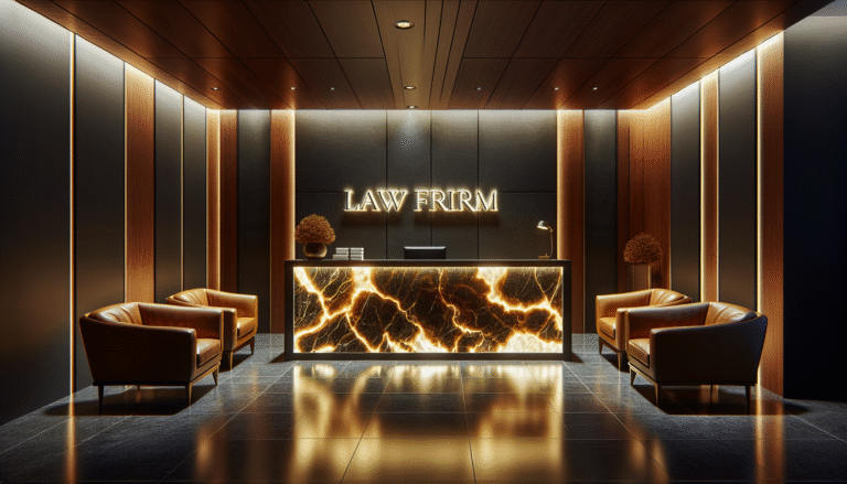 Balcão de recepção em pedra ônix iluminada em escritório de luxo.