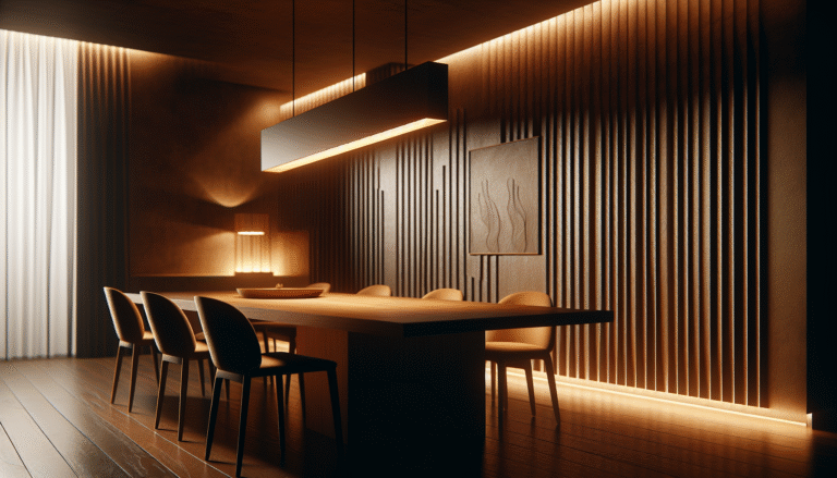 Projeto luminotécnico em sala de jantar destacando mesa e parede 3D com luz quente.