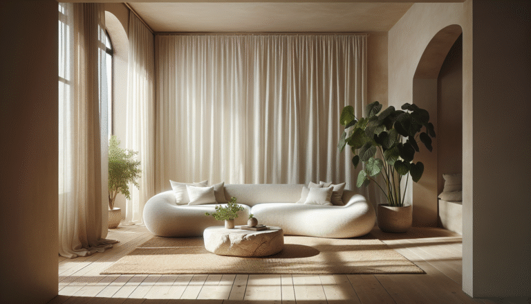 Sala de estar decorada em estilo minimalista acolhedor com tons neutros e madeira.